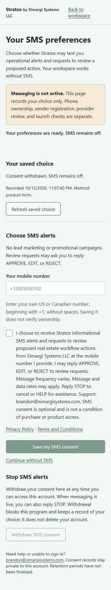 Mobile Stratos SMS preferences showing persisted consent withdrawal, an unchecked checkbox, and messaging still off.